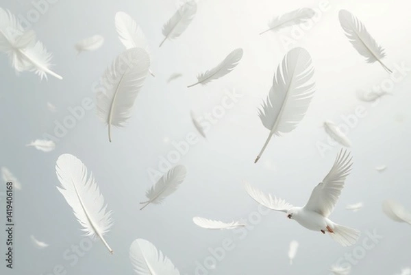 Fototapeta White feathers gently falling on seamless white backdrop , studio shot, calm