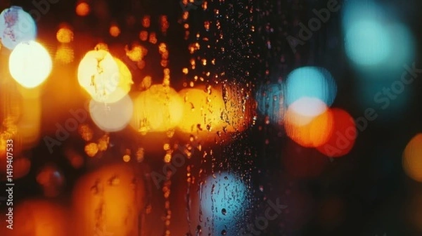 Fototapeta Moody Macro Shot of Raindrops on Window with Ambient Light Effects