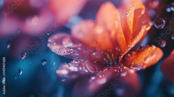 Fototapeta Macro Shot of Raindrops on a Moody Flower with Ambient Lighting