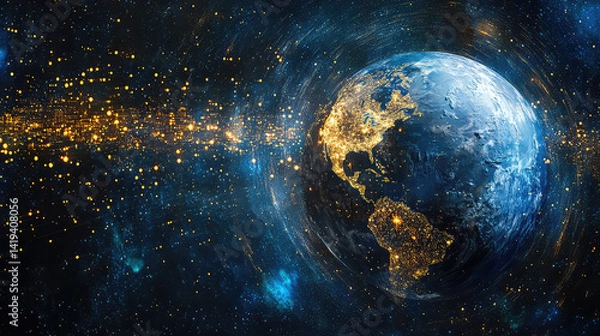 Obraz Earth from Space with Glowing Lights and Stars
