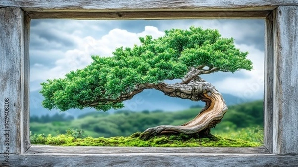 Fototapeta Elegant bonsai tree gracefully positioned in a traditional japanese tokonoma alcove framed by a window for serenity