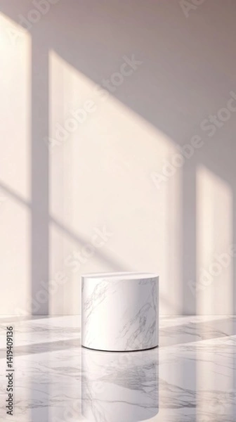 Fototapeta Minimalist White Cylindrical Podium on a Reflective Floor Surface