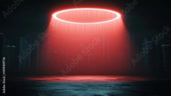 Fototapeta Red Beam of Light with Floating Podium and Urban Atmosphere