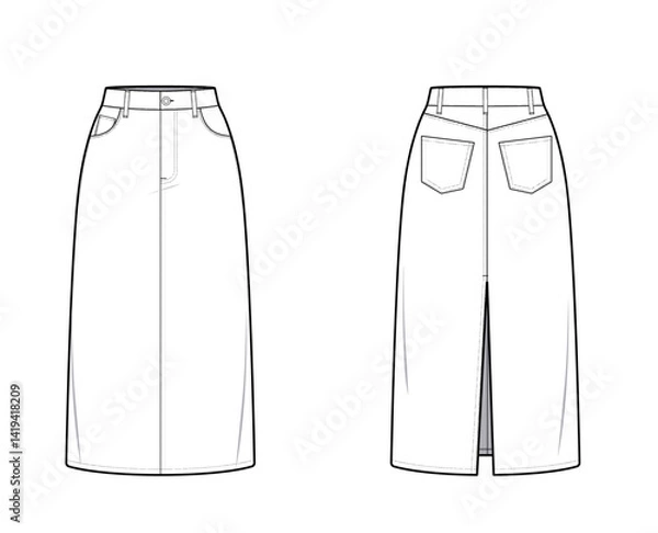 Fototapeta Denim Maxi Skirt with Back Slit- Straight Design- Front and Back View- Fashion Technical Illustration - Denim Skirt CAD Mock-up 