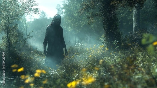 Obraz Grim reaper death forest nature horror dark spooky flowers fog trees plants mystery eerie figure hooded cloak