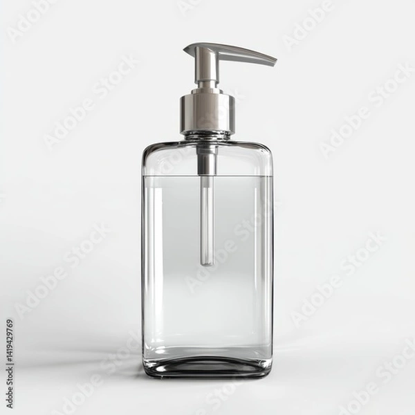 Fototapeta A transparent glass bottle with a metallic pump dispenser. The bottle is filled with clear liquid
