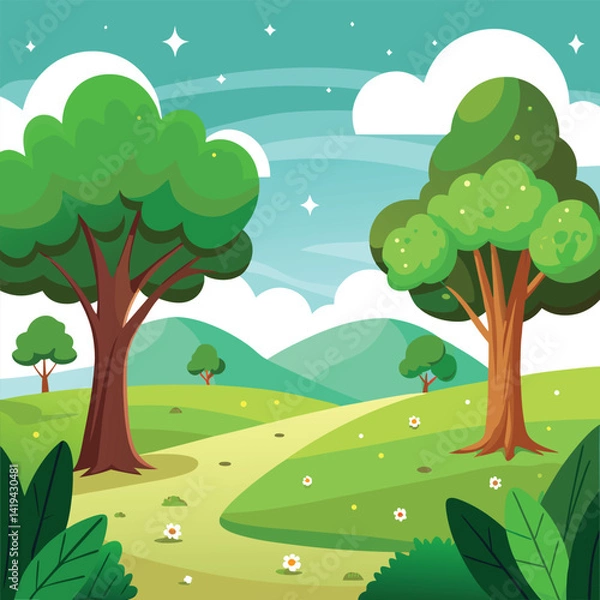 Obraz Cartoon landscape with trees, green hills, meadow and flower field