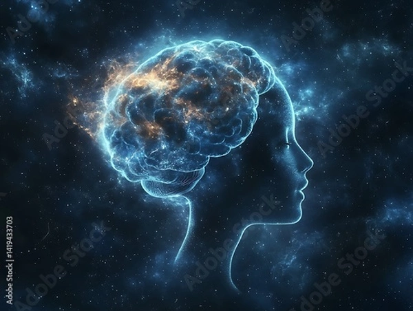 Obraz Cosmic brain, profile view, nebula background, abstract concept, digital art, for poster