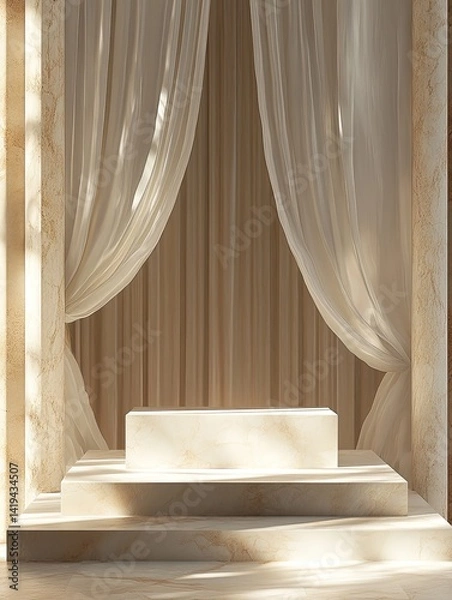 Fototapeta Empty display podium, beige draped background