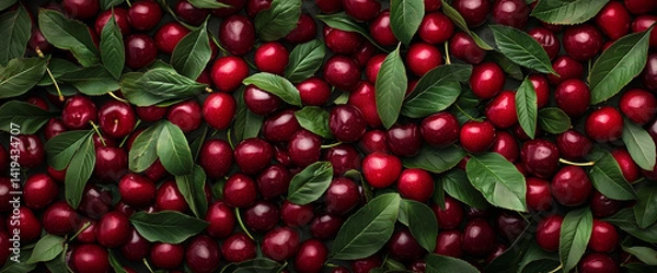 Fototapeta A large pile of fresh red cherries with green leaves, top view. Background banner for product presentation and advertising in a flat lay style.