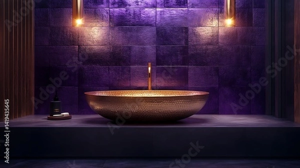 Obraz An artistic sink scene with a hammered gold oval basin on a floating slab, deep purple velvet wall tiles behind it, and glowing pendant lights casting delicate highlights.