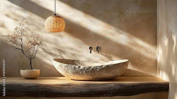 Fototapeta An elegant rustic bathroom with a sandstone sink sculpted by nature, resting on a reclaimed log base. Subtle light trails from a hanging pendant lamp accentuate the textures.