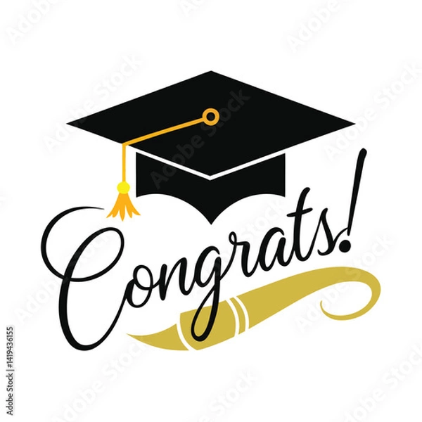 Fototapeta Graduation Cap Design with Congrats Text in Script with Golden Accent on White
