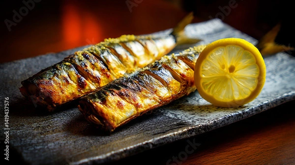 Fototapeta Japanese grilled mackerel belly with lemon rustic se