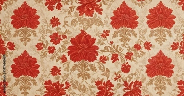 Fototapeta Bold red floral damask on cream vintage wallpaper , vintage wallpaper, house, classic