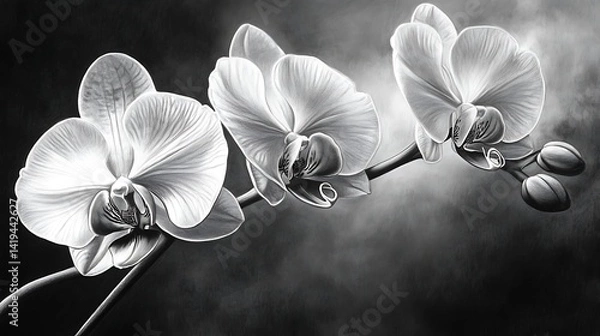 Obraz Grayscale orchid flowers, elegant bloom, soft light, artistic depiction, botanical still life