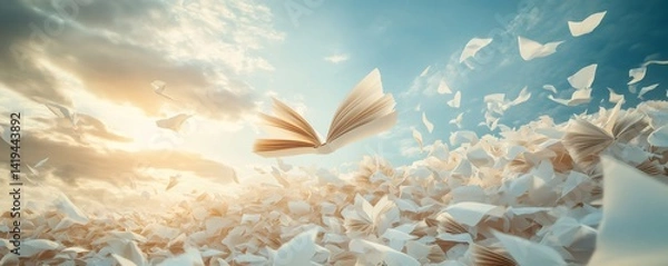 Fototapeta Open book flying over a pile of books at sunset, symbolizing freedom of thought, imagination, and knowledge