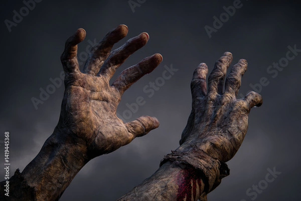 Fototapeta Close-up of two aged, textured hands reaching upward against a dark sky, suggesting themes of despair, vulnerability, or the supernatural