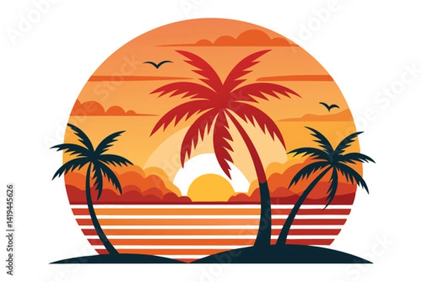Fototapeta Tropical Palm Tree Silhouettes with Sunset over Ocean Design
