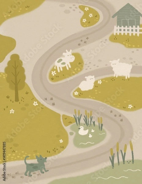 Obraz Country farm animals picture featuring a cow, sheep, ducks, and a dog along a peaceful countryside path. Perfect for rustic baby shower invitation, kids or nursery book illustrations, greeting cards.