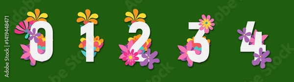 Obraz set of white numbers with multicolored flowers on green background, 3d illustration, zero, one, two, three, four