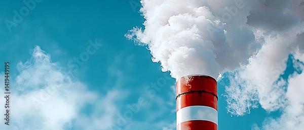 Fototapeta Industrial emissions release urban area pollution visualization cloudy sky wide-angle view environmental concerns