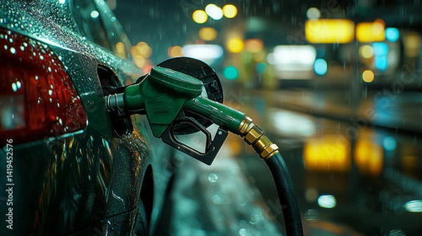 Fototapeta Close-up of a green gas pump at a car's fuel tank, filling it with oil, on a blurred background with blank space. High-resolution photography, stock photo. Incredibly detailed, with sharpened details