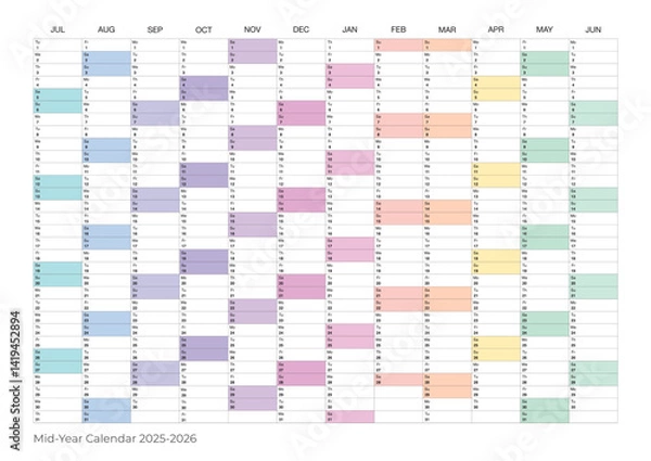 Fototapeta Mid-year calendar for 2025 to 2026, colorful annual planning grid for business, school, or personal scheduling