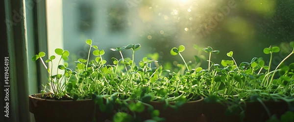 Fototapeta Close-up of microgreen sprouts in a home window, high-resolution photography, stock photo, high qualit