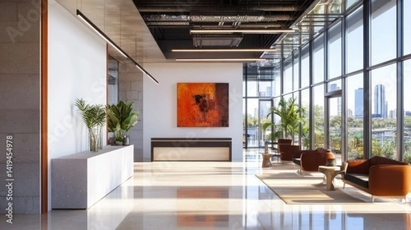 Obraz Stylish corporate office with uncluttered white wall and a dramatic cityscape visible through expansive windows