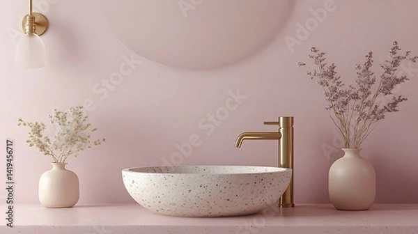 Fototapeta A terrazzo vessel sink with oversized colorful fragments, resting on a matching terrazzo counter with soft pink undertones. Background includes a pale blush wall and brass fixtures.