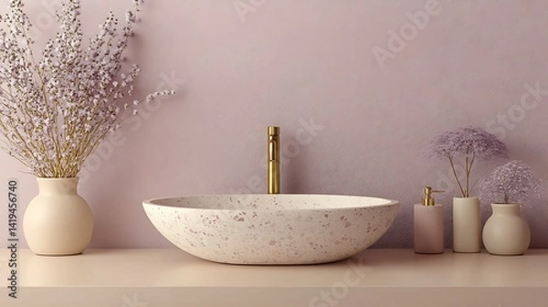 Fototapeta A terrazzo vessel sink with oversized colorful fragments, resting on a matching terrazzo counter with soft pink undertones. Background includes a pale blush wall and brass fixtures.