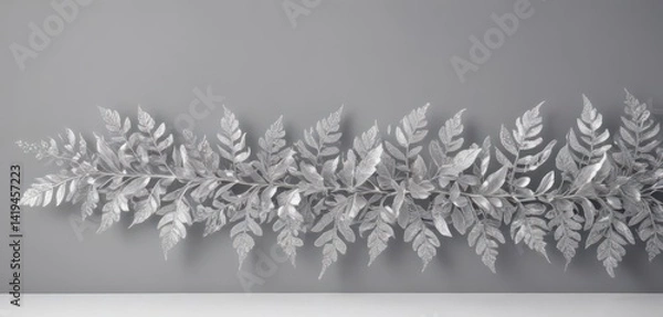 Fototapeta Shimmering silver leaf border, delicate lace details, elegant botanical design , intricate, metallic, metalwork