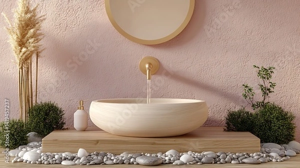 Fototapeta A Zen-style wooden lavabo carved from a single tree trunk, placed in a minimalist stone setting with soft ambient lighting. A bamboo spout gently pours water into the basin,