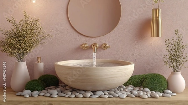 Fototapeta A Zen-style wooden lavabo carved from a single tree trunk, placed in a minimalist stone setting with soft ambient lighting. A bamboo spout gently pours water into the basin,