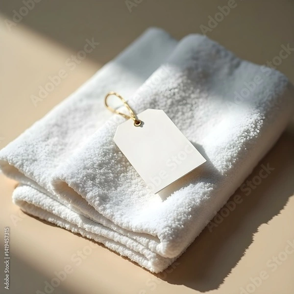 Fototapeta Folded Microfiber Towel with Blank Brand Tag – Clean and Minimal Mockup