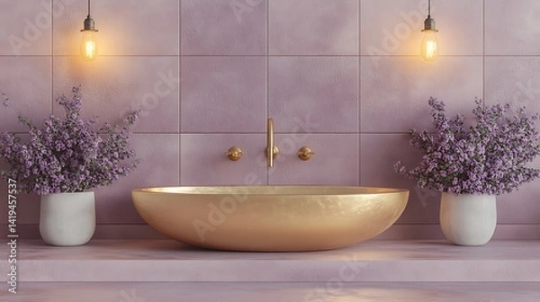 Fototapeta An artistic sink scene with a hammered gold oval basin on a floating slab, deep purple velvet wall tiles behind it, and glowing pendant lights casting delicate highlights.