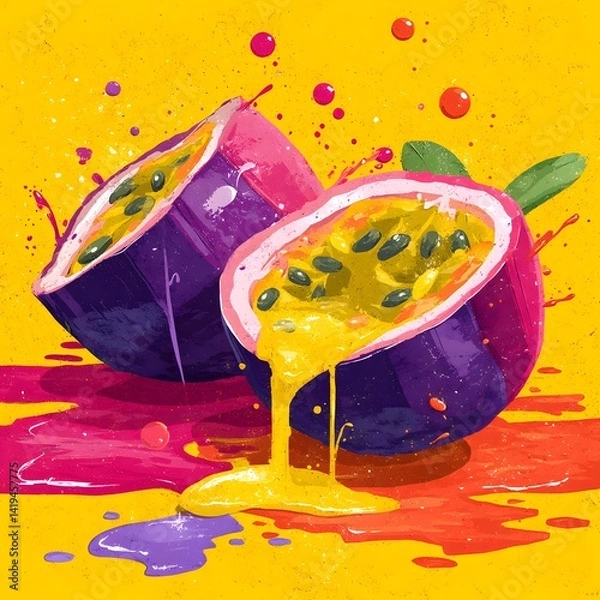 Fototapeta Passion Fruit Explosion: A vibrant, stylized illustration of a halved passion fruit with its juicy pulp overflowing onto a bright yellow background, surrounded by colorful splashes.