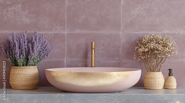 Fototapeta An elegant oval sink with a hammered gold finish, glistening under soft warm lighting, mounted on a stone counter in front of deep red velvet-textured wall tiles.