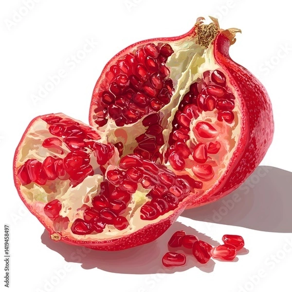 Fototapeta Pomegranate Burst: A captivating artistic rendering of a ripe pomegranate, revealing its juicy red arils in a striking composition that embodies health and culinary delights.
