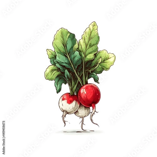 Fototapeta Vibrant Radish: A fresh and lively illustration of a bunch of radishes, their vivid red and white roots contrasted by lush green leaves, celebrating the simplicity and freshness of natural food.