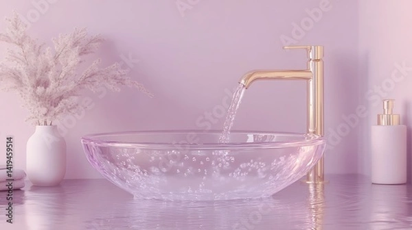 Fototapeta Close-up of a clear glass sink bowl with internal RGB lighting, capturing the refraction of water droplets glowing in red and blue. Soft fog surrounds the minimal bathroom interior.