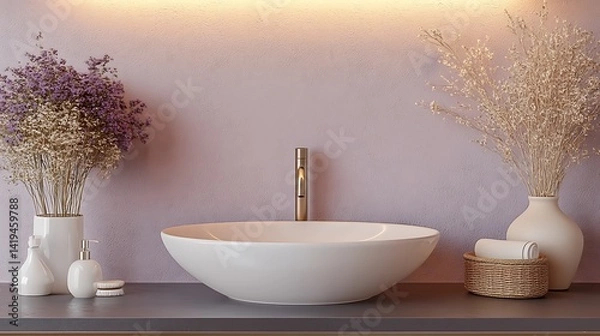 Fototapeta Close-up of a floating oval sink set in translucent glass, glowing in gradient turquoise light. The scene is set in a dark, high-end bathroom with brushed steel walls and low ambient lighting.