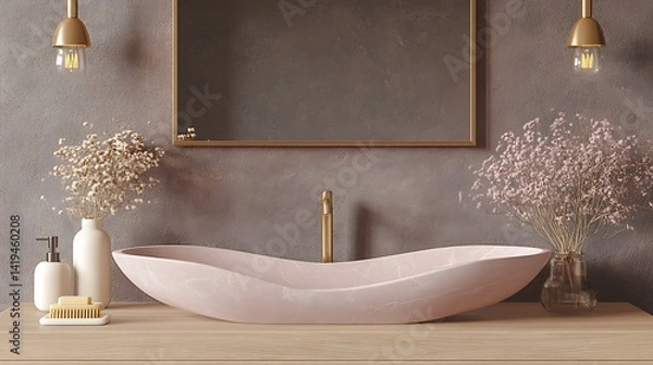 Fototapeta Close-up of a ribbon-shaped marble sink, fluid and organic, glowing under a warm pendant light in a moody dark bathroom with matte slate walls and brushed brass accents.
