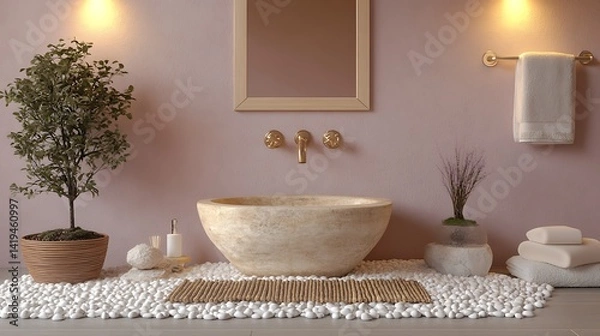 Fototapeta Elevated view of a Zen-inspired washroom with a rough-hewn wooden basin and an angled bamboo spout, surrounded by white pebbles and bonsai trees. Warm spotlights enhance the textures.