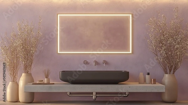 Fototapeta Futuristic interior featuring a matte black rectangular sink, with glowing white light from a frameless backlit mirror and visible steel piping below, surrounded by microcement walls.
