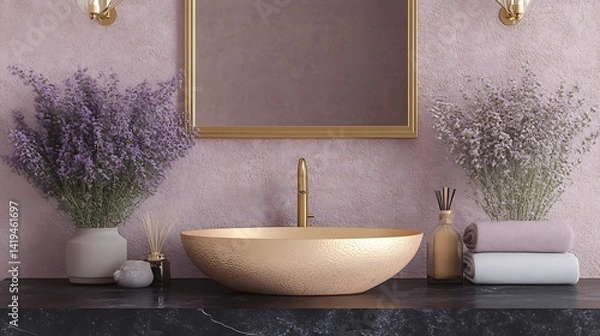 Fototapeta Golden hammered oval sink set into a black marble vanity, with soft velvet wall tiles in royal blue, backlit by warm indirect lighting and gold-framed mirror.