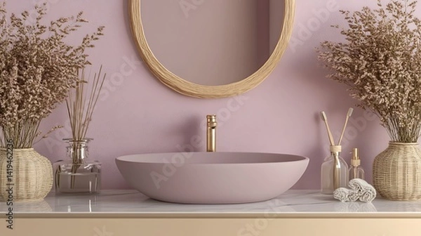 Fototapeta Oval ceramic sink in charcoal matte finish, embedded in a crystal-clear glass counter with soft purple underlighting, casting an ethereal glow onto the walls. Surrounded by minimalist chrome fixtures.