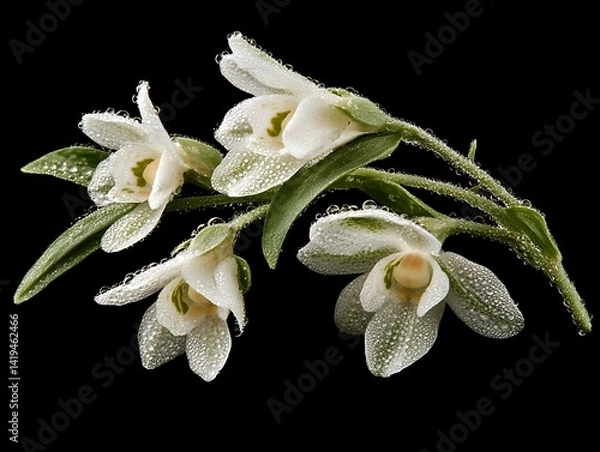 Obraz Close-up of snowdrop flowers with water droplets, isolated on black background, studio shot, for botanical illustrations or nature photography