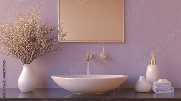 Fototapeta Side profile of a water droplet sink made from pure glass, suspended above a reflective mirrored surface, with soft ambient blue glow and a dark minimalist room. Created Using: dramatic side lighting,